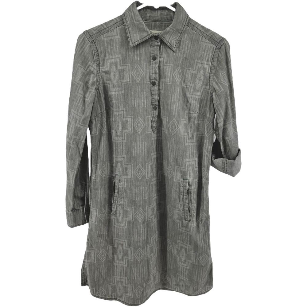Ryan Michael Shirt Dress Aztec Button Down Roll Tab Tunic Long Sleeve Charcoal S